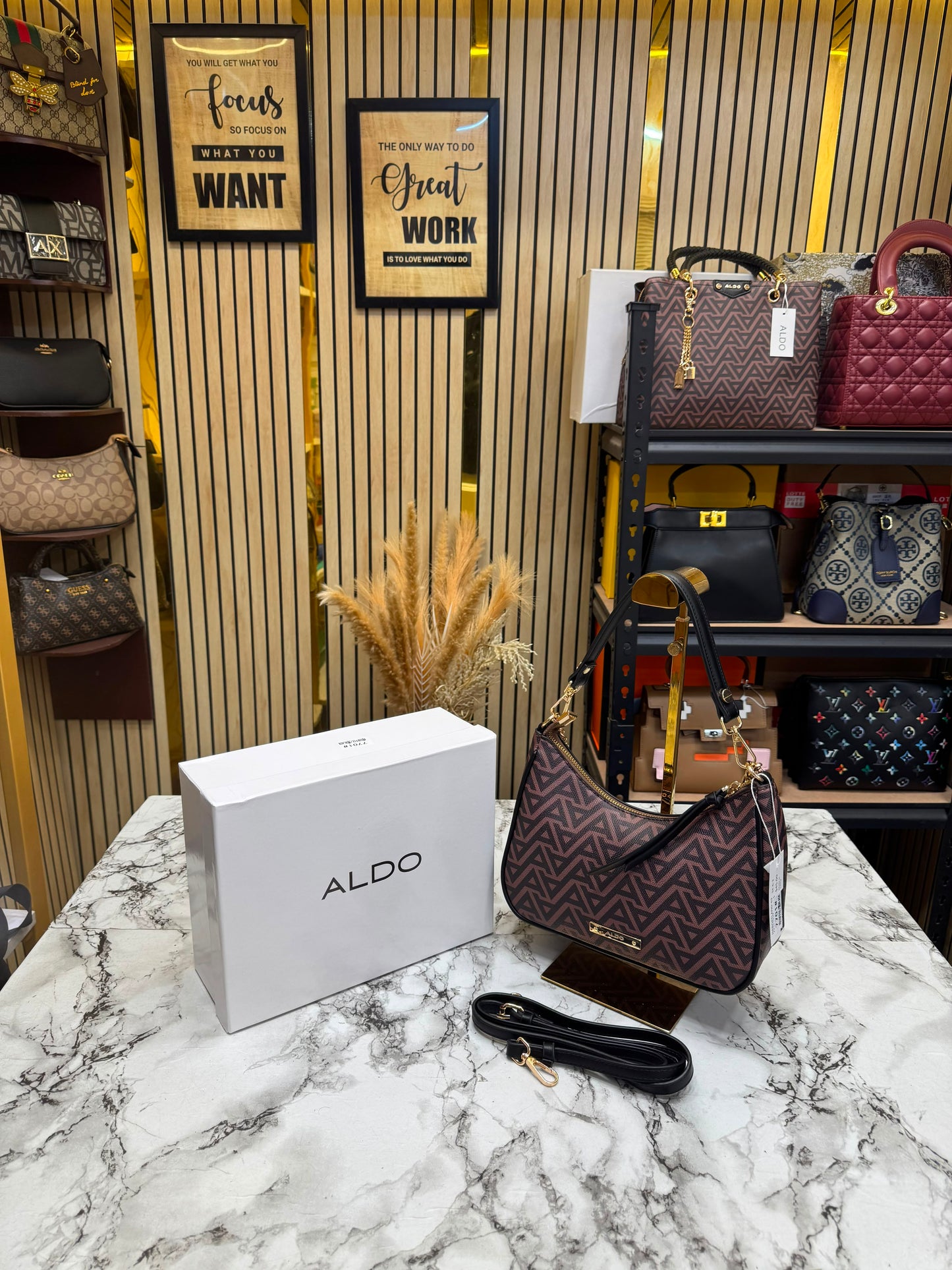 Aldo-Inspired Maricar Brown Geometrical Monogram Shoulder Bag With Box