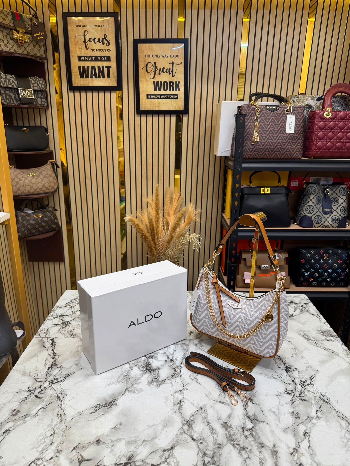 Aldo-Inspired Maricar White Geometrical Monogram Shoulder Bag With Box (White)