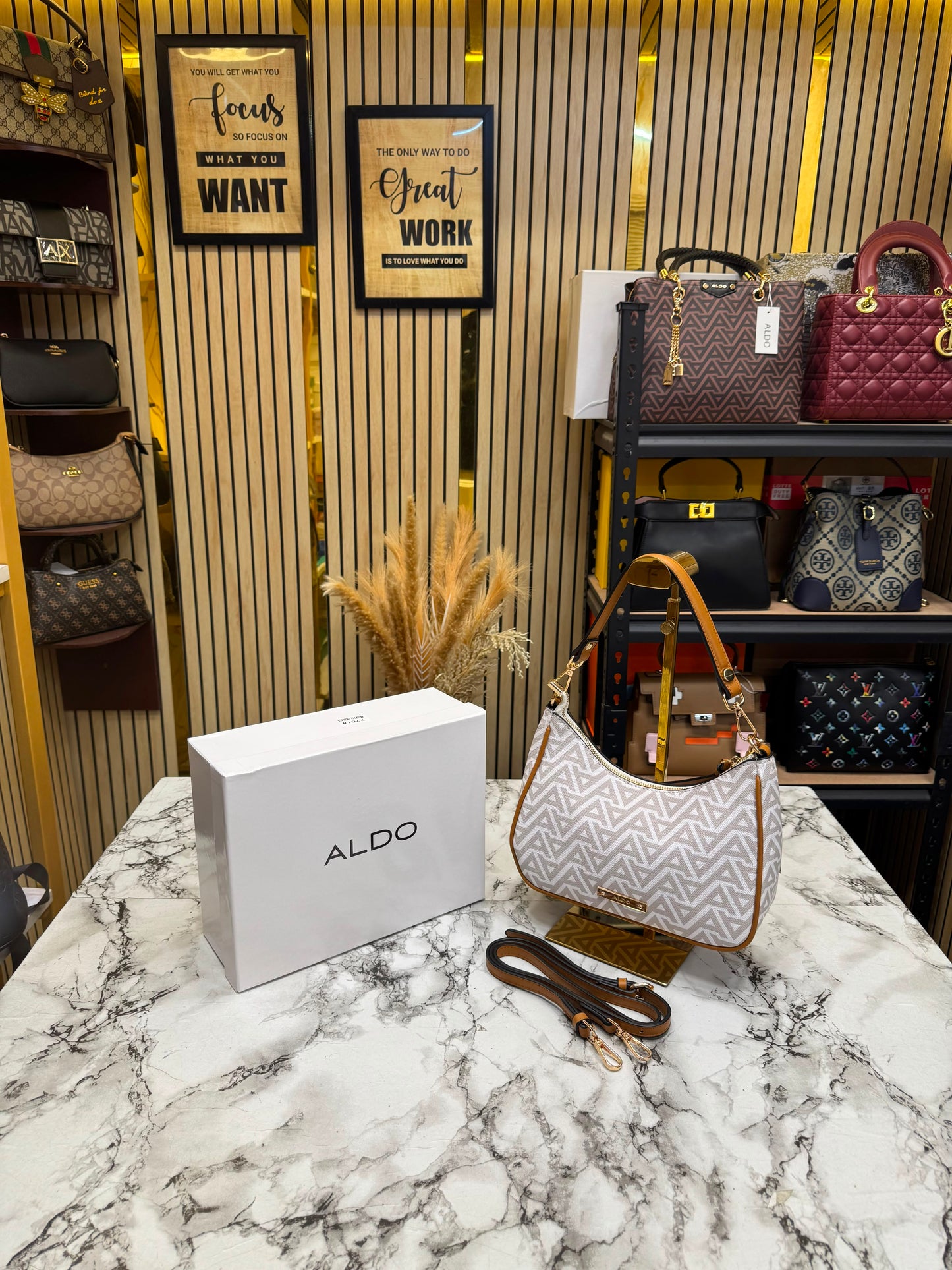 Aldo-Inspired Maricar White Geometrical Monogram Shoulder Bag With Box (White)