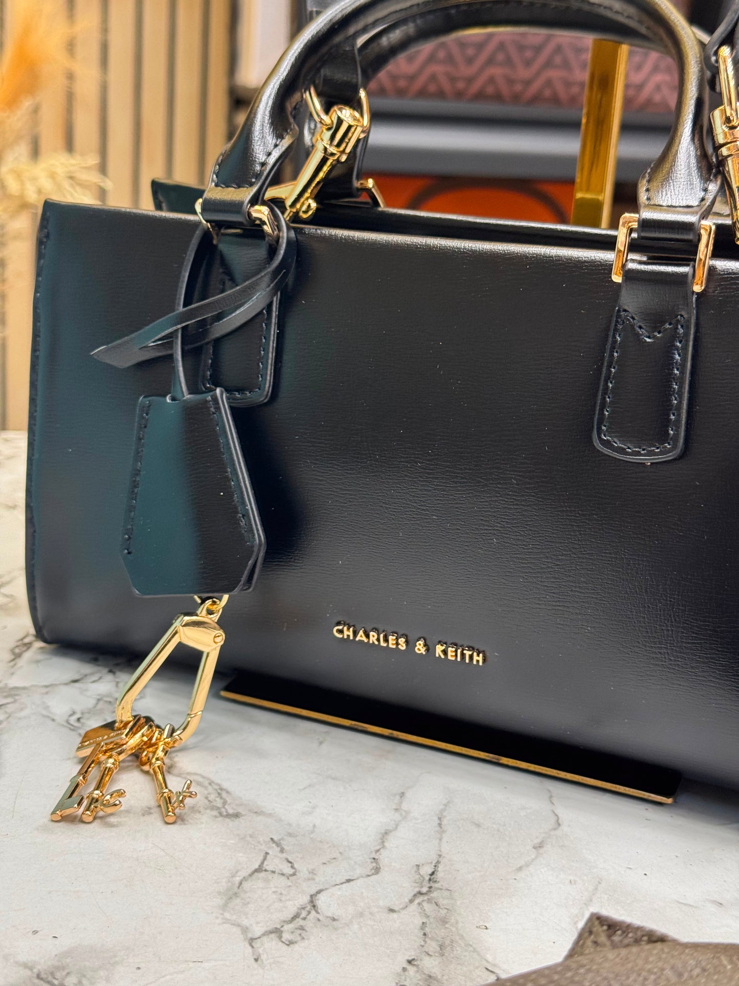 C&K-Inspired Structured Top Handle Shoulder Bag With Box And Dust Bag (Black)