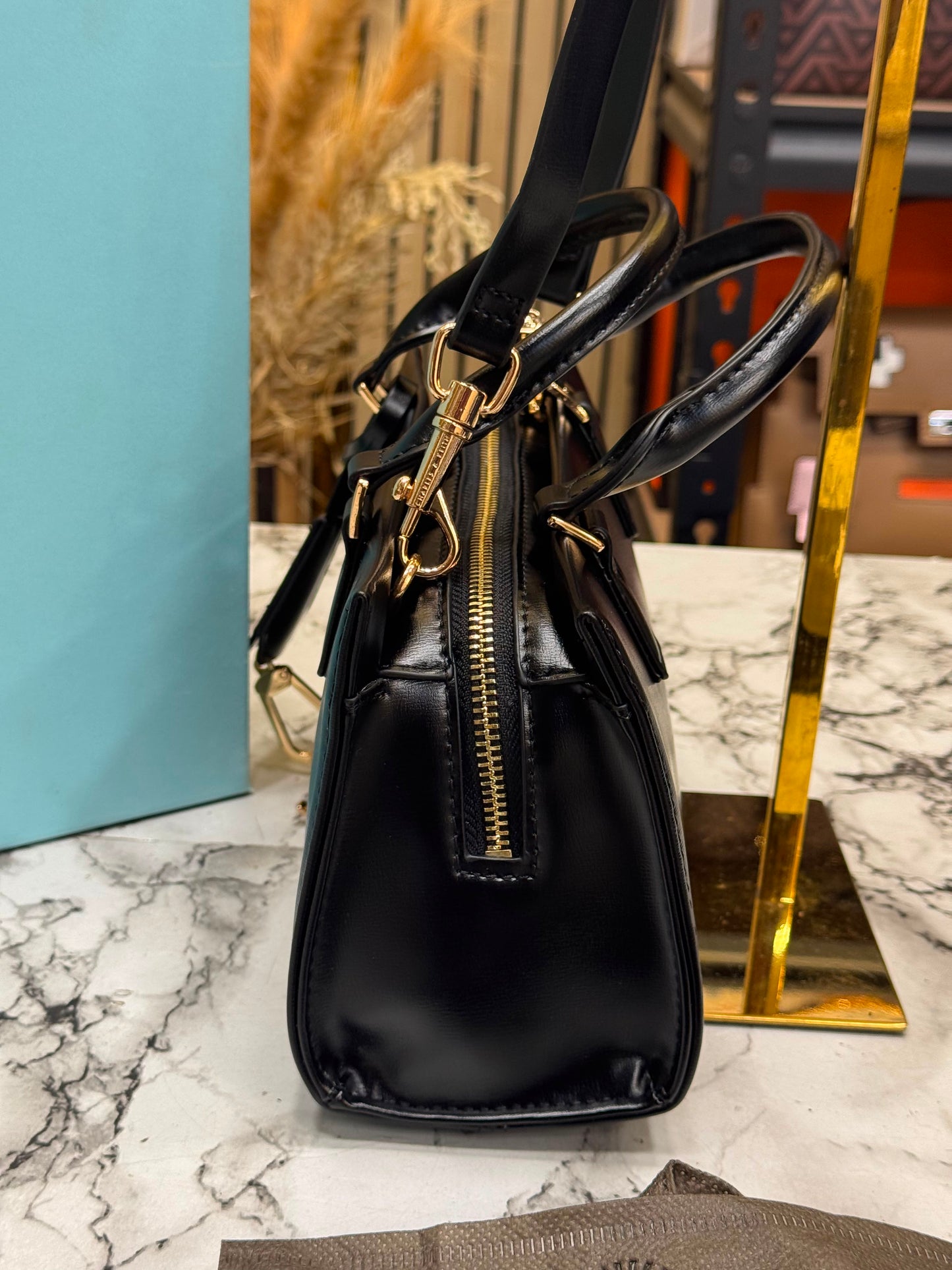 C&K-Inspired Structured Top Handle Shoulder Bag With Box And Dust Bag (Black)