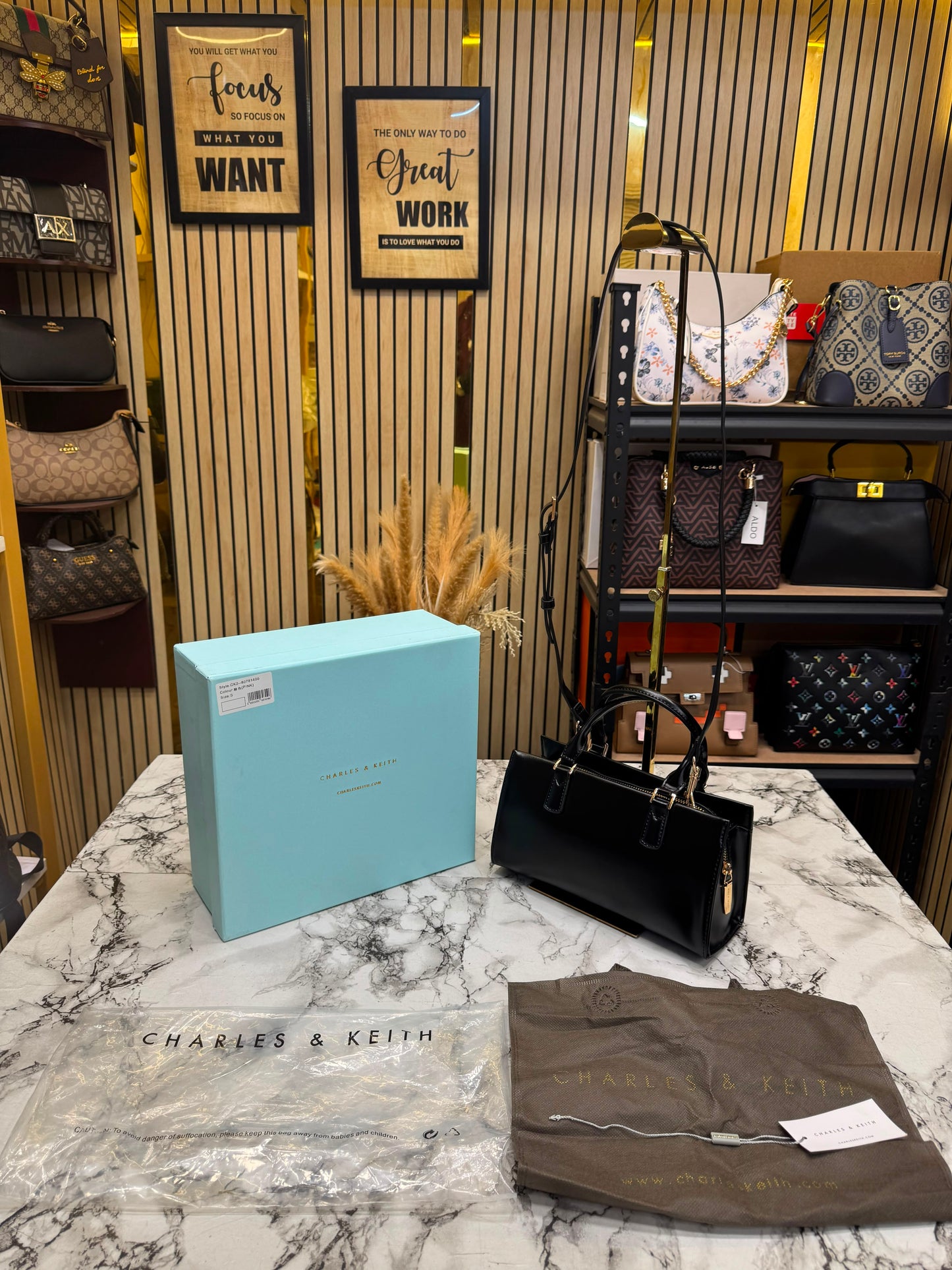 C&K-Inspired Structured Top Handle Shoulder Bag With Box And Dust Bag (Black)