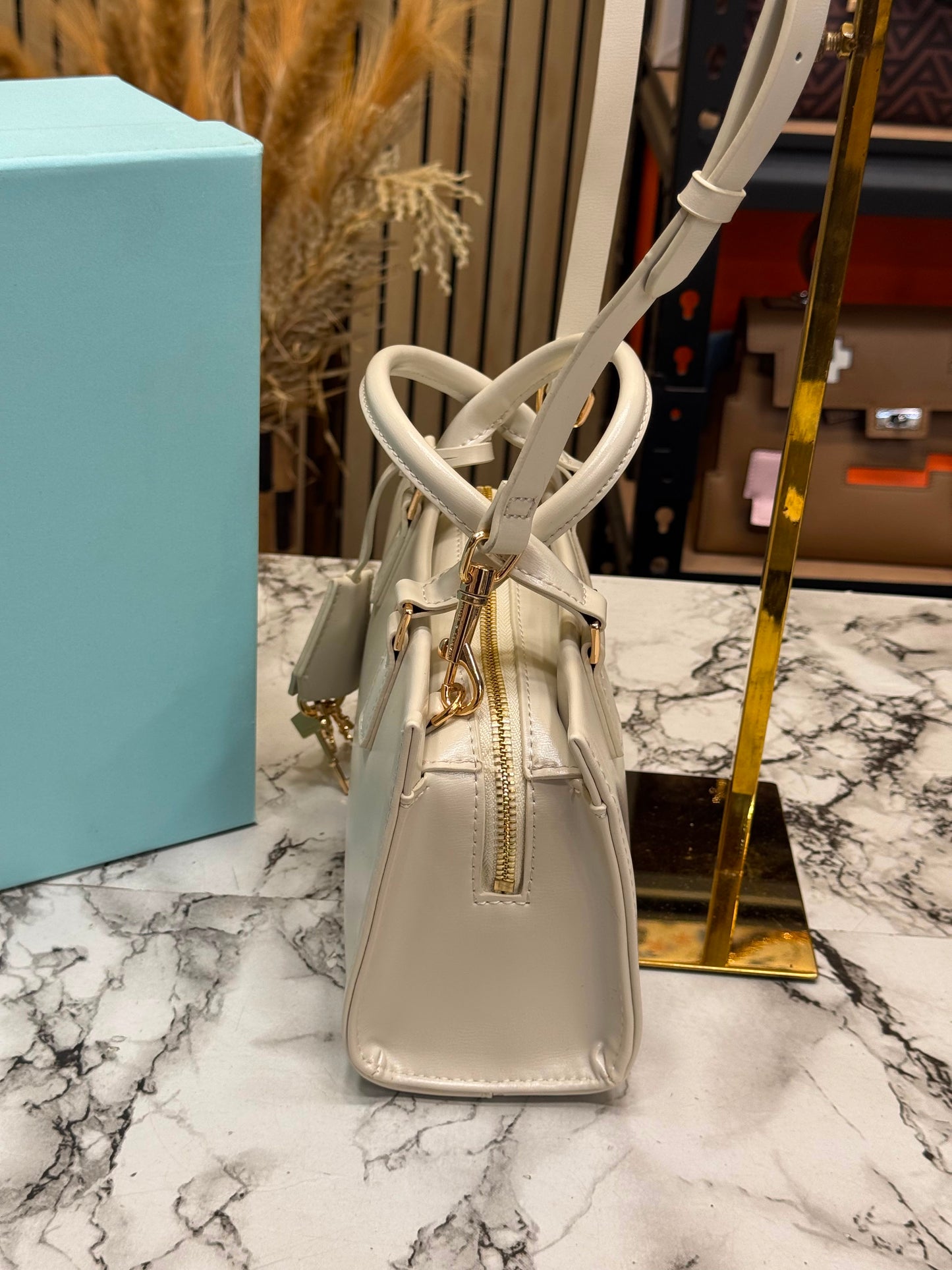 C&K-Inspired Structured Top Handle Shoulder Bag With Box And Dust Bag (White)