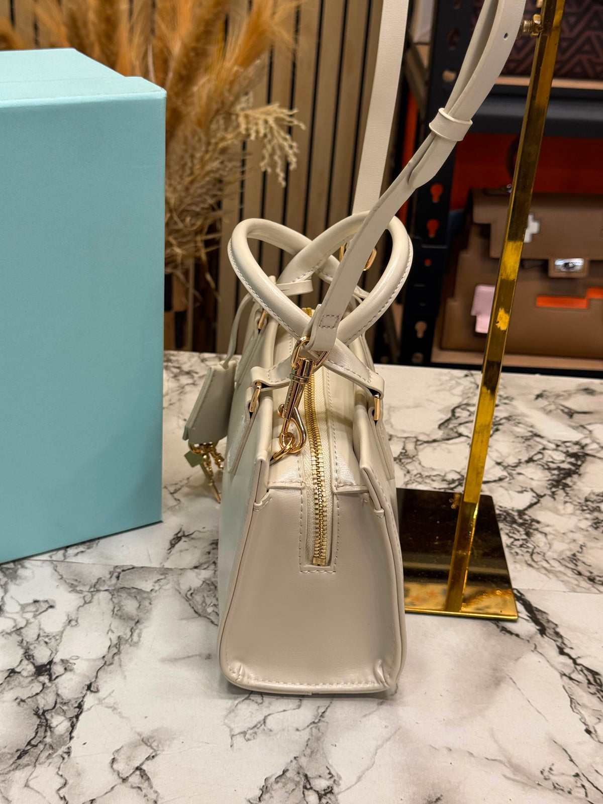 C&K-Inspired Structured Top Handle Shoulder Bag With Box And Dust Bag (White)