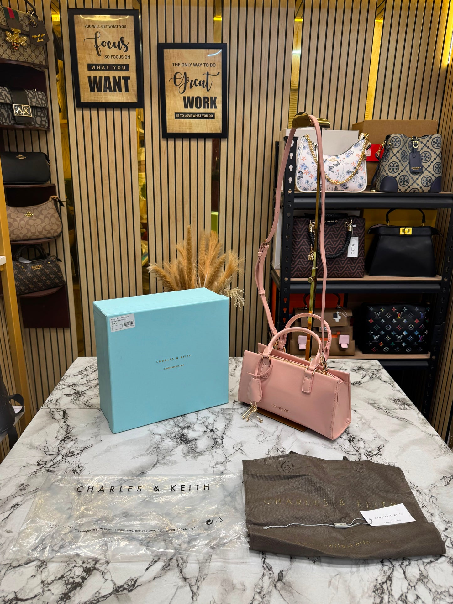 C&K-Inspired Structured Top Handle Shoulder Bag With Box And Dust Bag (Pink)