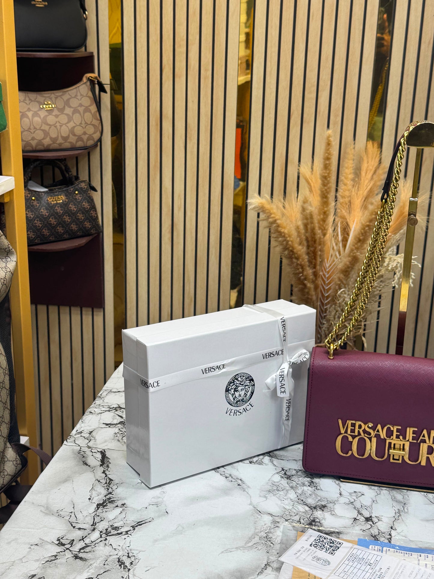 V-Inspired Jeans Couture Logo Flap Shoulder Bag with Double Box And Dust Bag (Maroon)