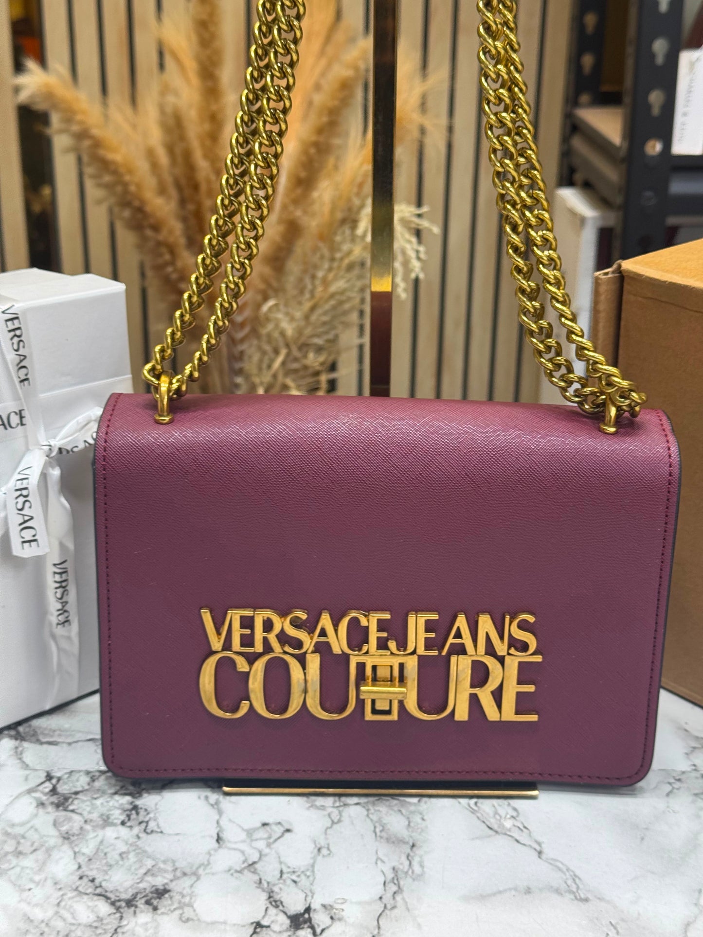 V-Inspired Jeans Couture Logo Flap Shoulder Bag with Double Box And Dust Bag (Maroon)