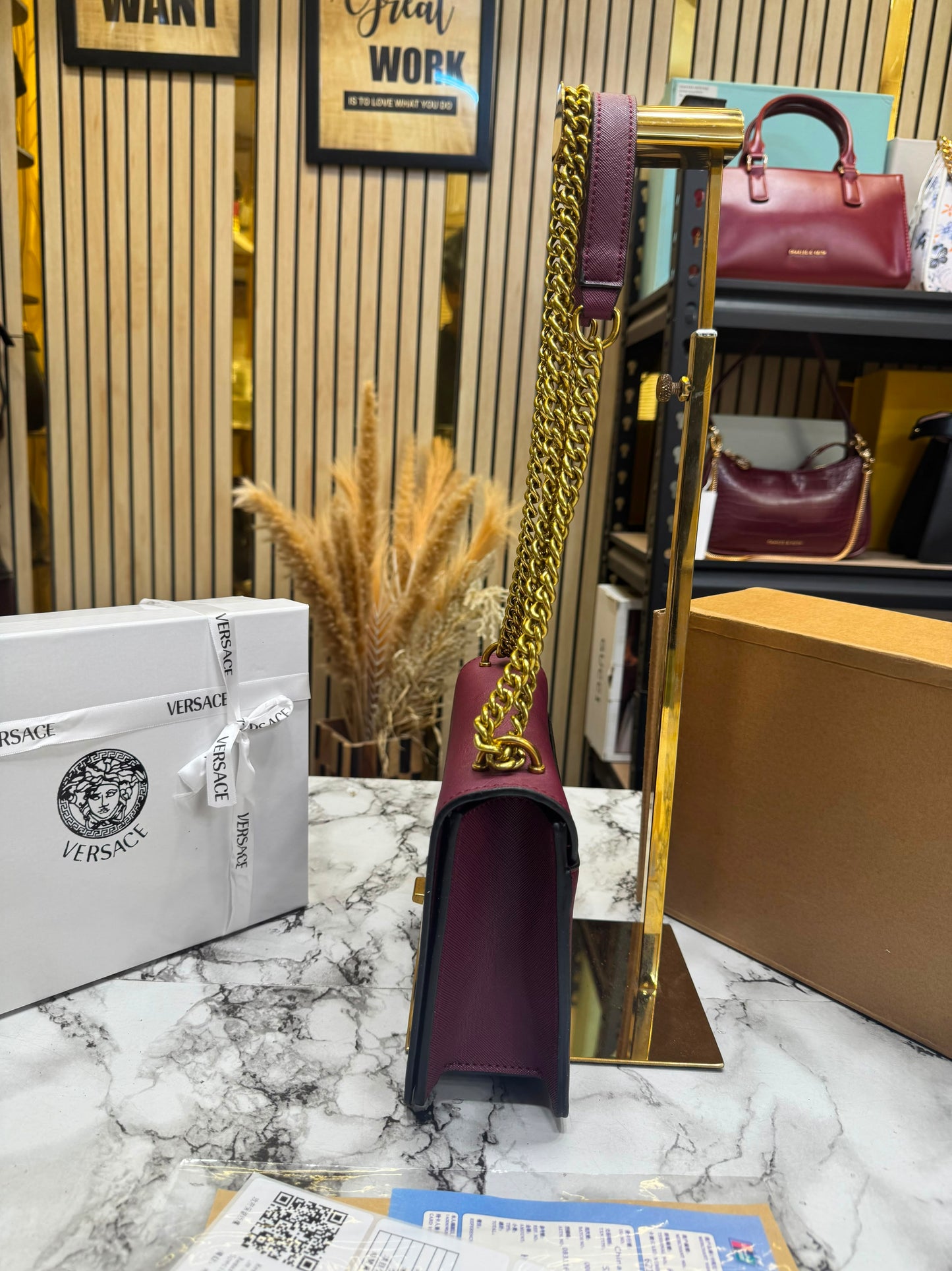 V-Inspired Jeans Couture Logo Flap Shoulder Bag with Double Box And Dust Bag (Maroon)