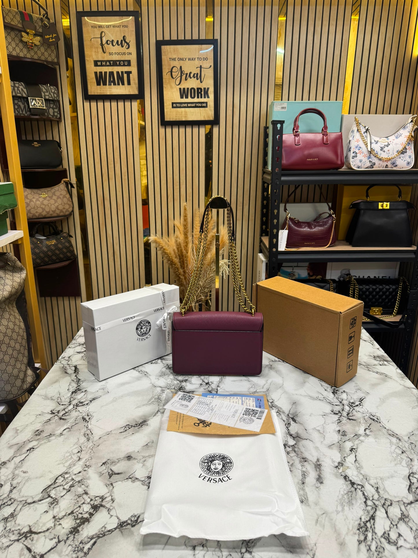 V-Inspired Jeans Couture Logo Flap Shoulder Bag with Double Box And Dust Bag (Maroon)