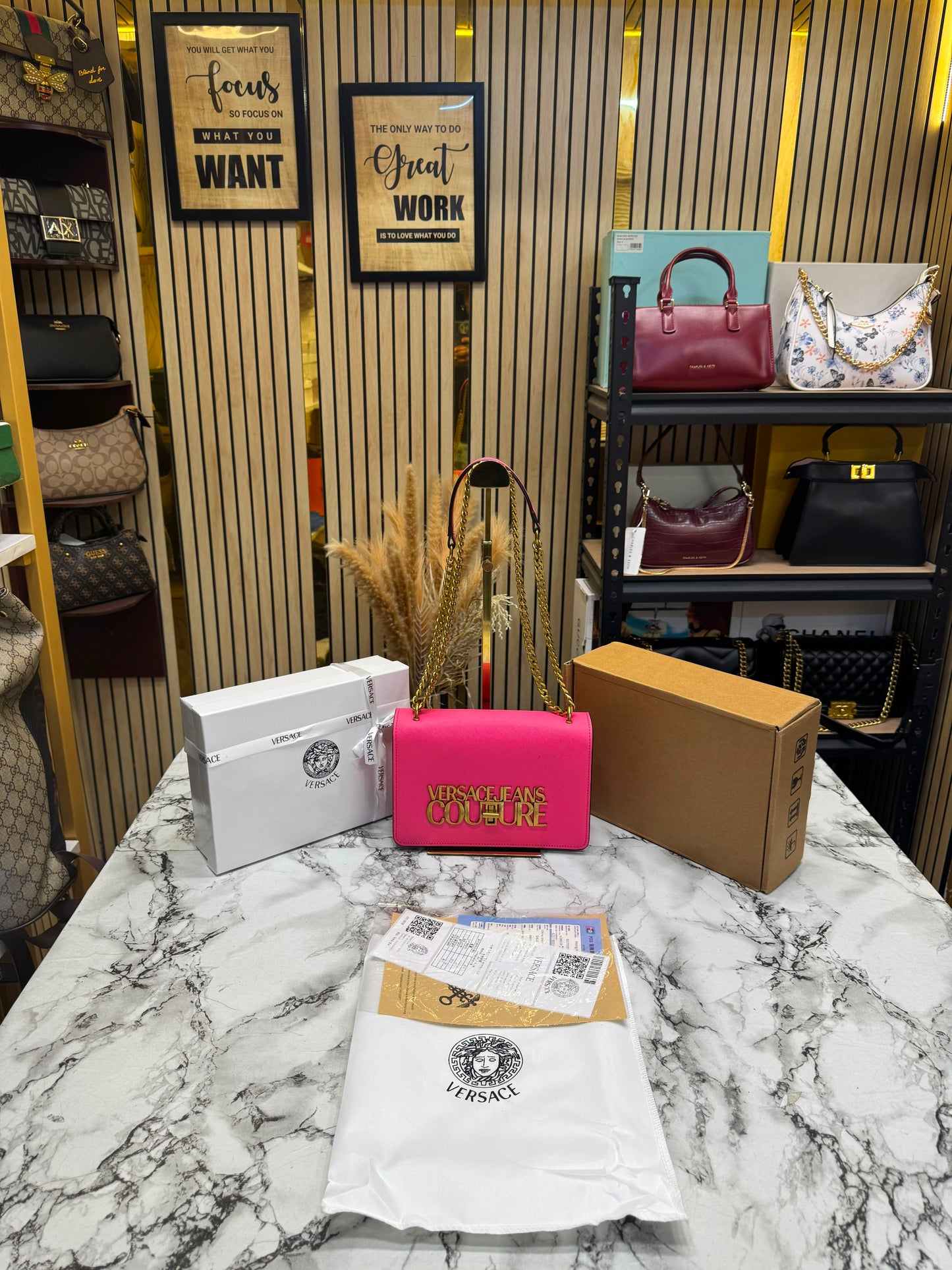 V-Inspired Jeans Couture Logo Flap Shoulder Bag with Double Box And Dust Bag (Rose)