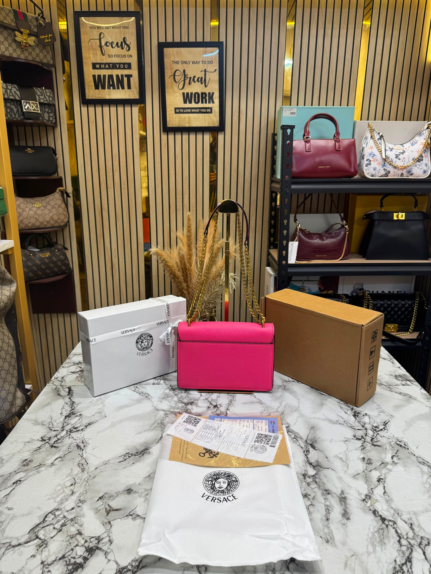 V-Inspired Jeans Couture Logo Flap Shoulder Bag with Double Box And Dust Bag (Rose)
