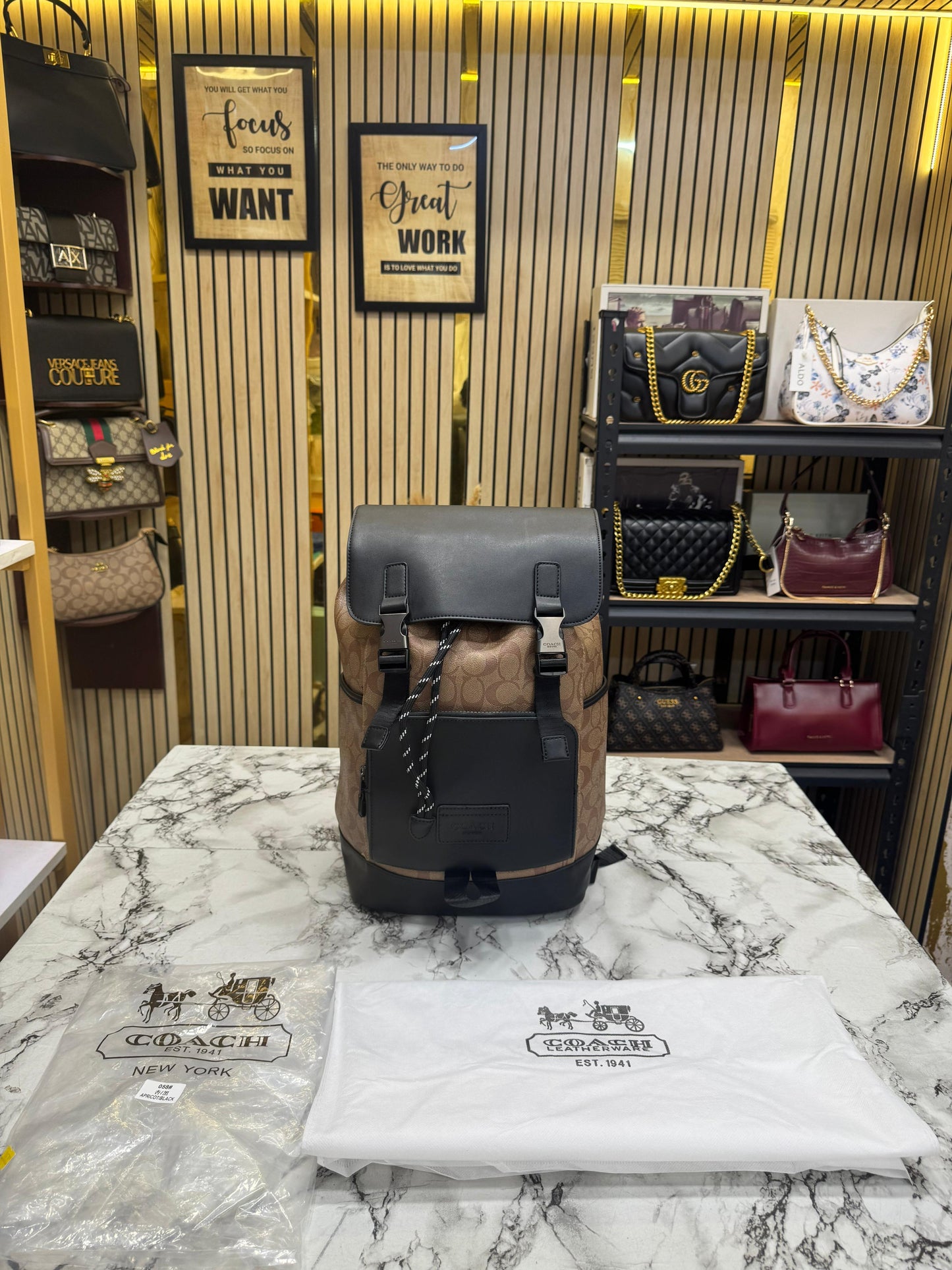 C-inspired Rivington Signature Classic Canvas Monogram Backpack With Dust Ba (Apricot-Black)
