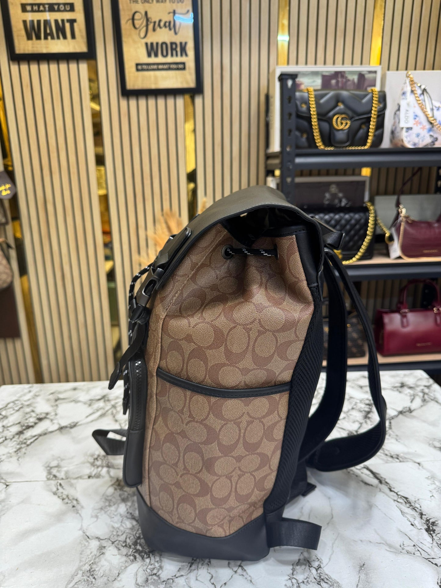 C-inspired Rivington Signature Classic Canvas Monogram Backpack With Dust Ba (Apricot-Black)