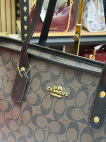 Coach Signature Canvas Zip Tote Bag With Box And Dust Bag (Coffee)