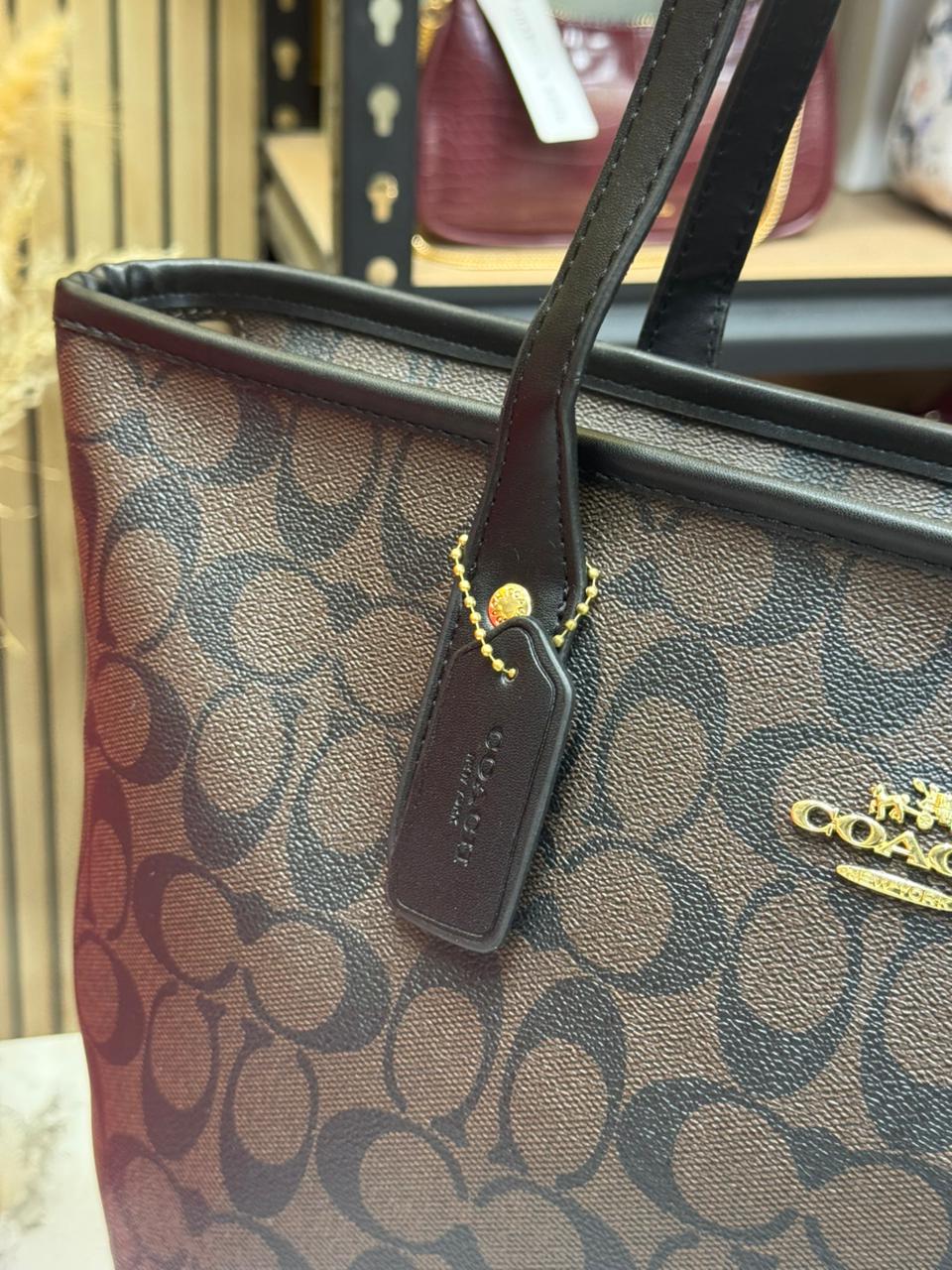 Coach Signature Canvas Zip Tote Bag With Box And Dust Bag (Coffee)
