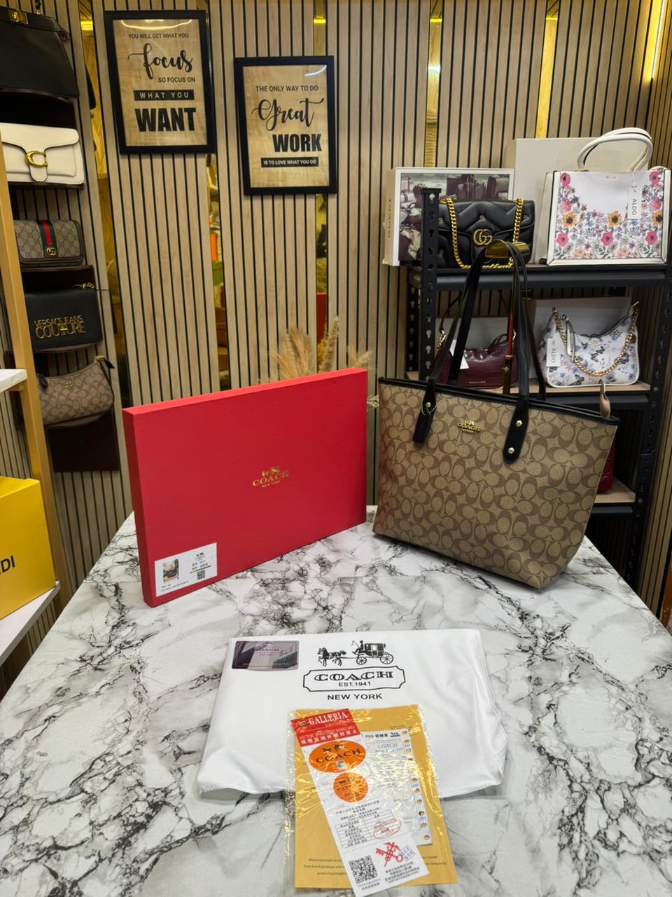 C-Inspired Signature Canvas Zip Tote Bag With Box And Dust Bag (Apricot)
