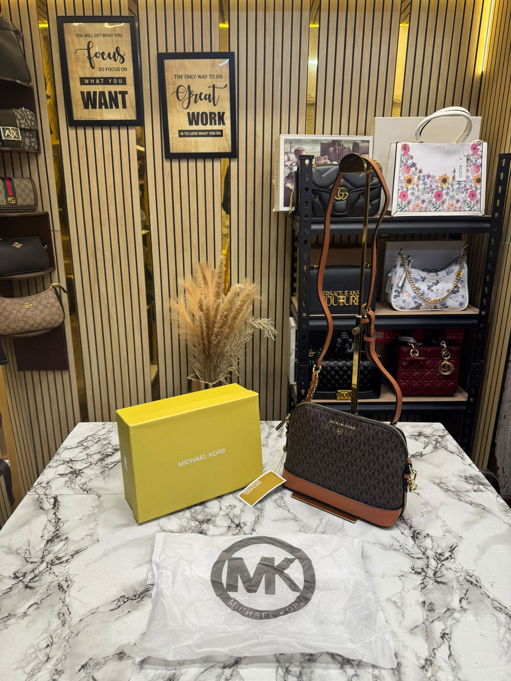 MK-Inspired Jet Set Charm Logo Dome Saffiano Leather Crossbody Bag (Brown)