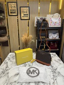 MK-Inspired Jet Set Charm Logo Dome Saffiano Leather Crossbody Bag (Brown)