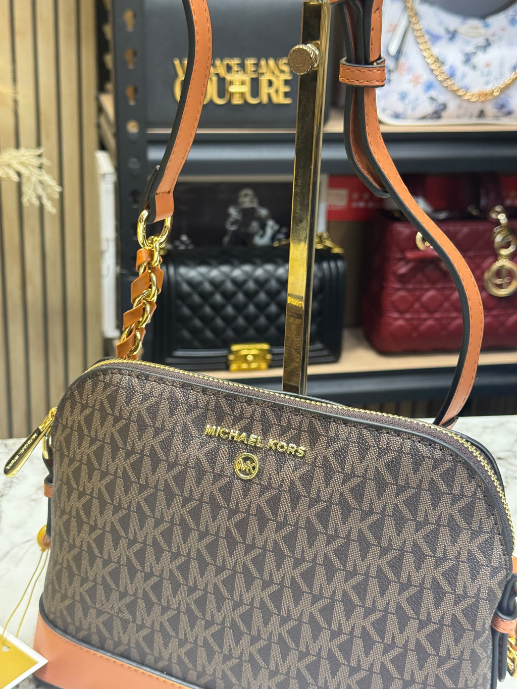MK-Inspired Jet Set Charm Logo Dome Saffiano Leather Crossbody Bag (Brown)