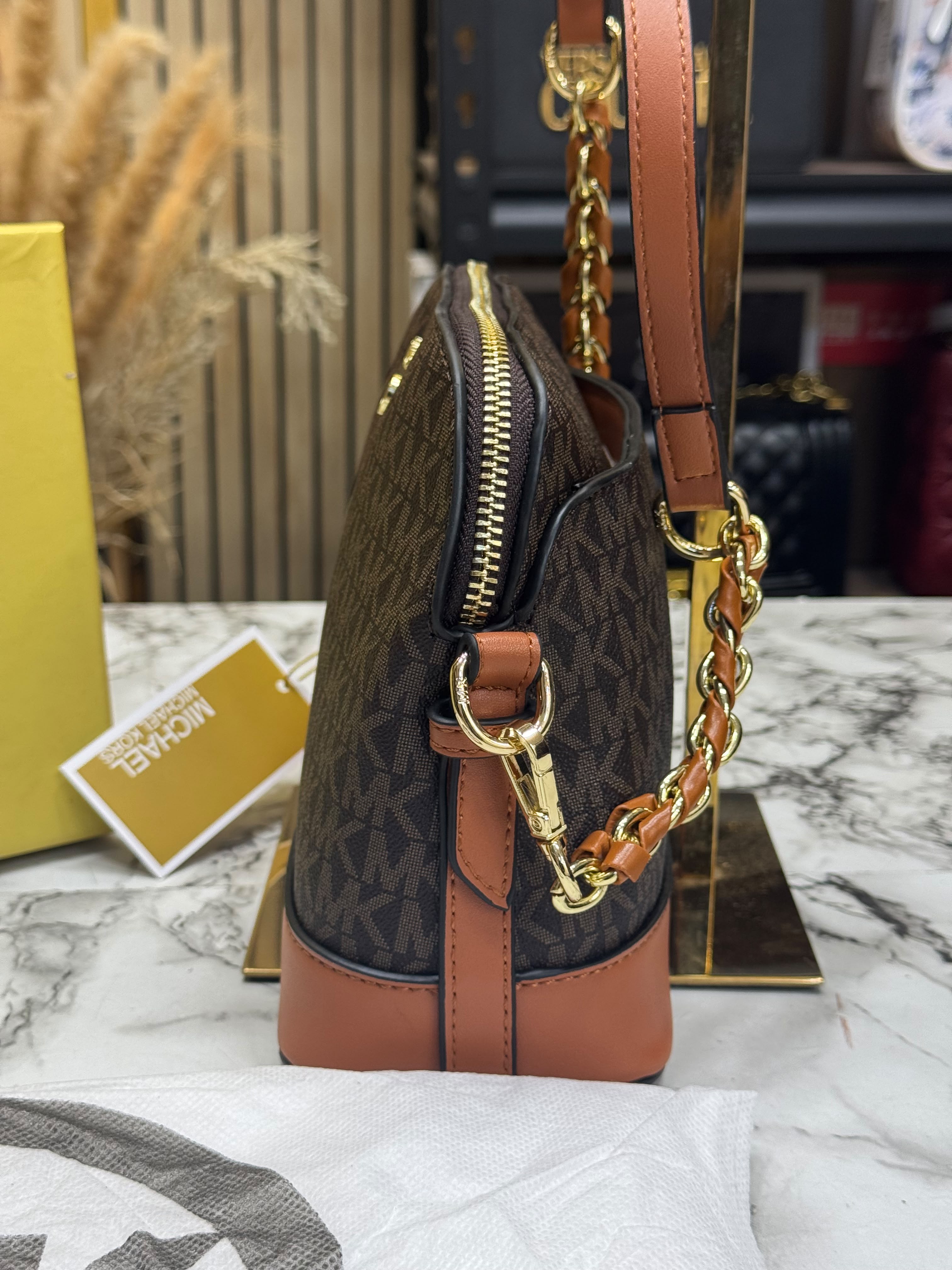 MK-Inspired Jet Set Charm Logo Dome Saffiano Leather Crossbody Bag (Brown) Secondary image