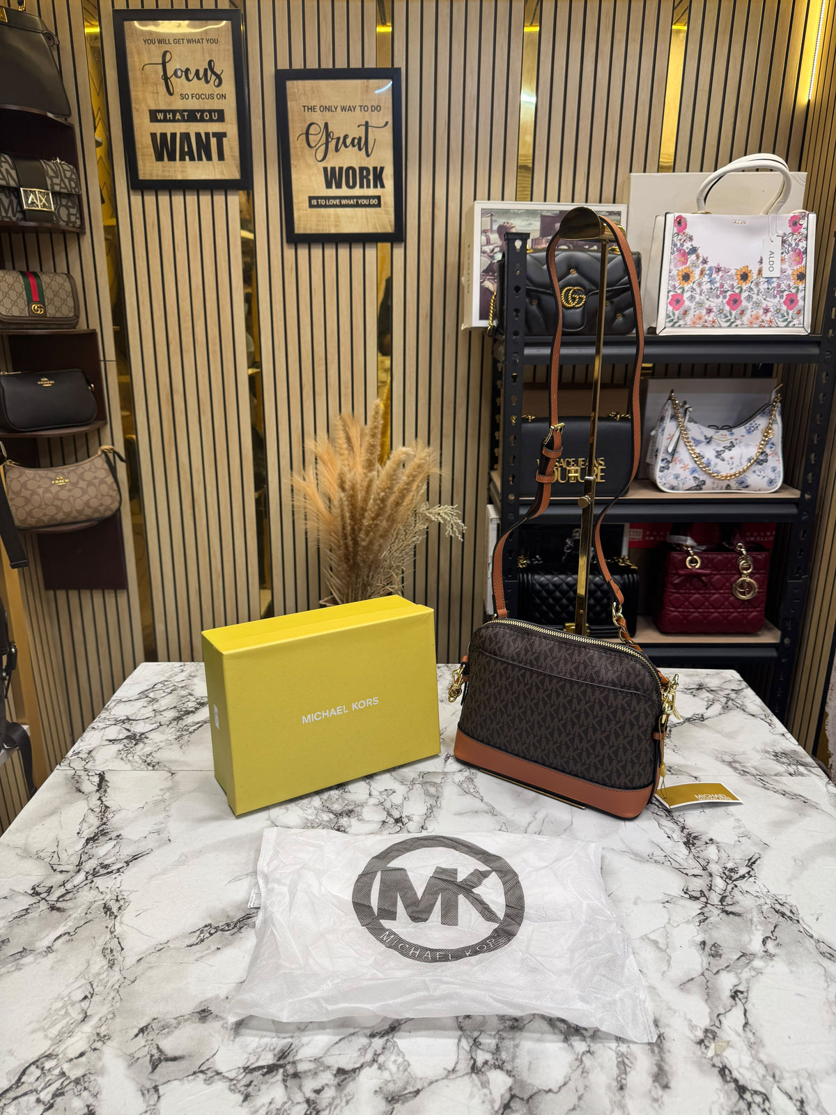 MK-Inspired Jet Set Charm Logo Dome Saffiano Leather Crossbody Bag (Brown)