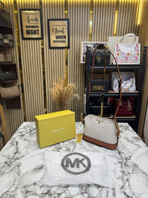 MK-Inspired Jet Set Charm Logo Dome Saffiano Leather Crossbody Bag (Beige)