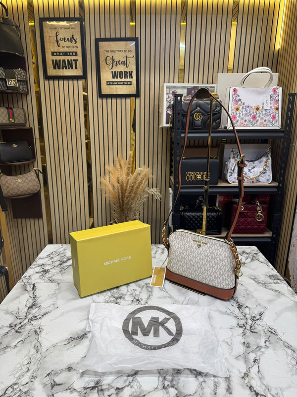 MK-Inspired Jet Set Charm Logo Dome Saffiano Leather Crossbody Bag (Beige)