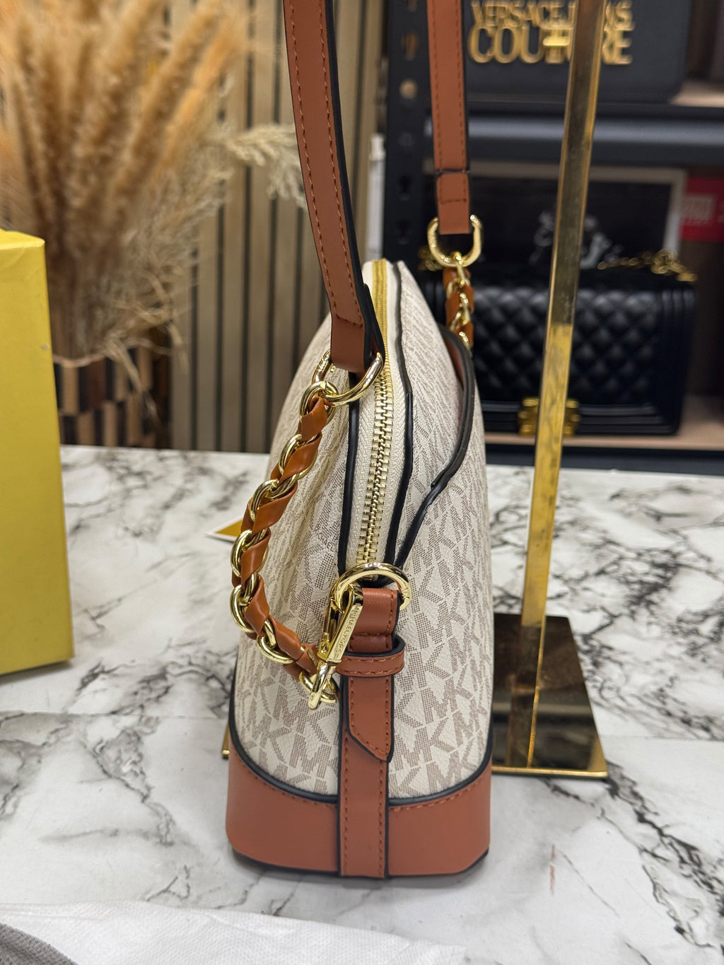 MK-Inspired Jet Set Charm Logo Dome Saffiano Leather Crossbody Bag (Beige)