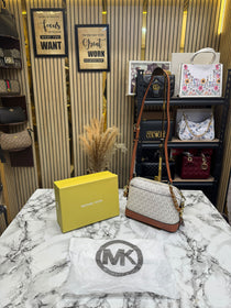 MK-Inspired Jet Set Charm Logo Dome Saffiano Leather Crossbody Bag (Beige)