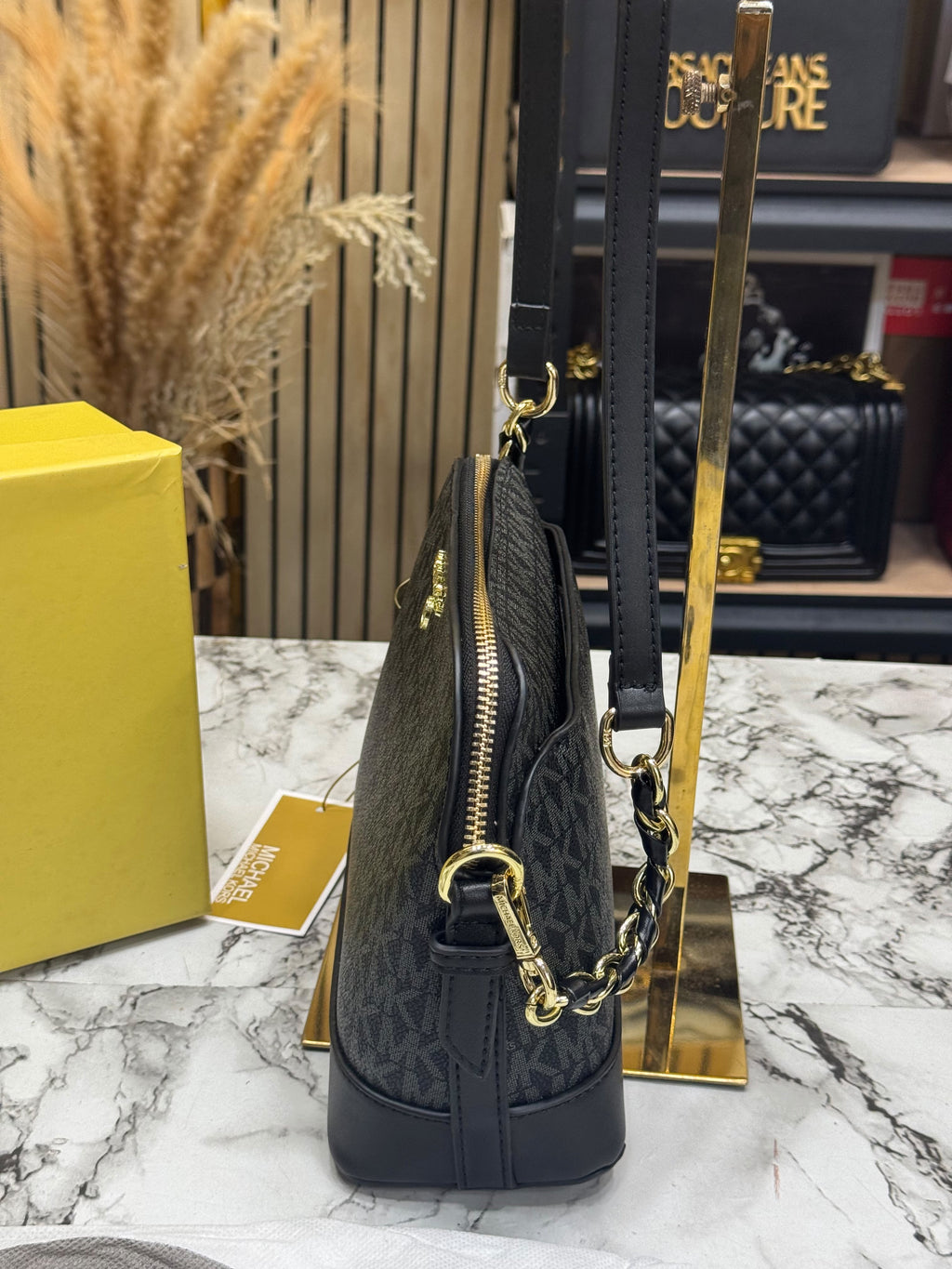 MK-Inspired Jet Set Charm Logo Dome Saffiano Leather Crossbody Bag (Black)