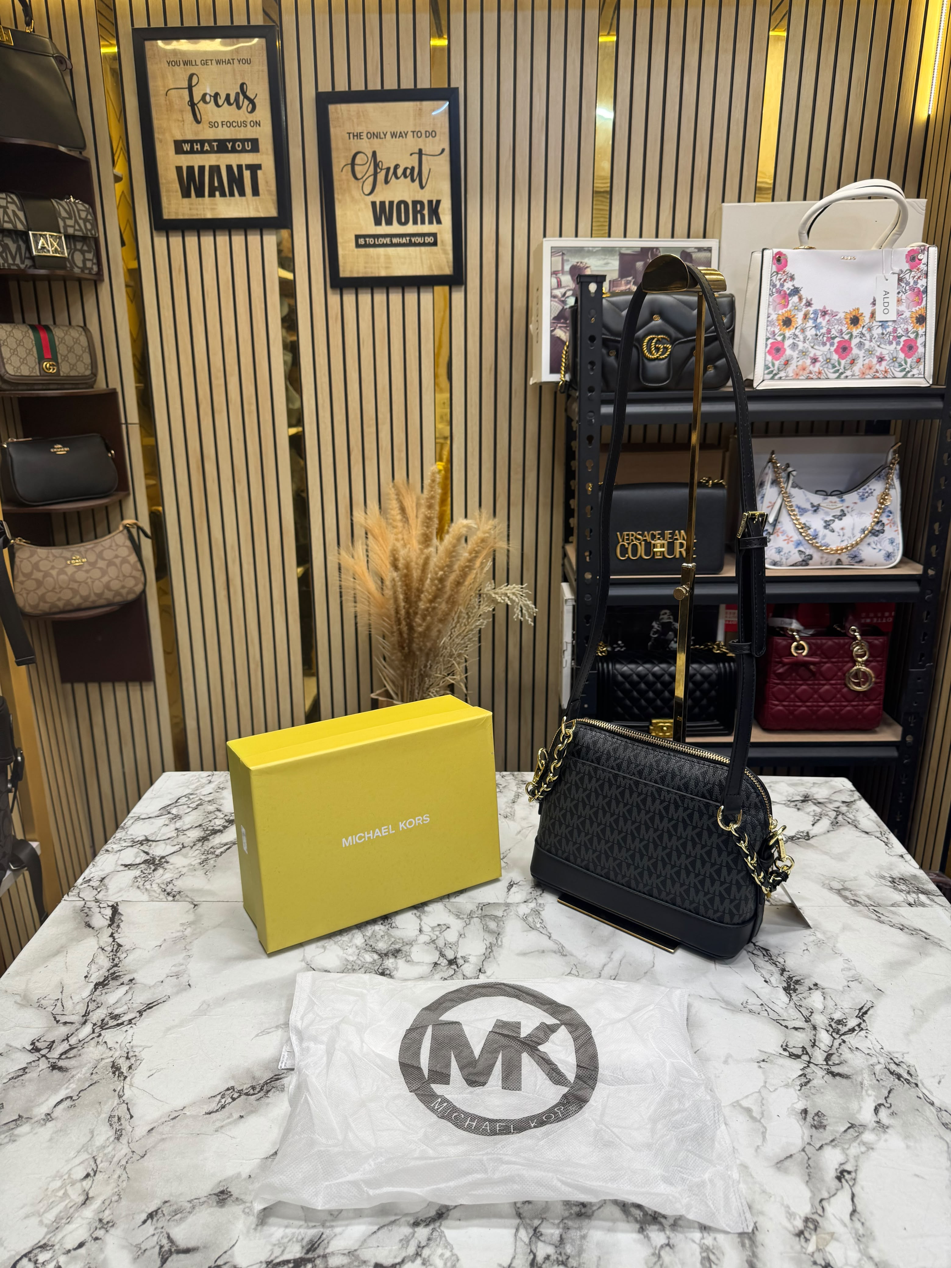 MK-Inspired Jet Set Charm Logo Dome Saffiano Leather Crossbody Bag (Black) Secondary image