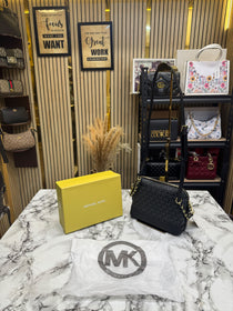 MK-Inspired Jet Set Charm Logo Dome Saffiano Leather Crossbody Bag (Black)