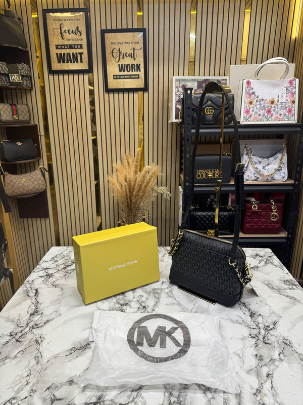 MK-Inspired Jet Set Charm Logo Dome Saffiano Leather Crossbody Bag (Black)