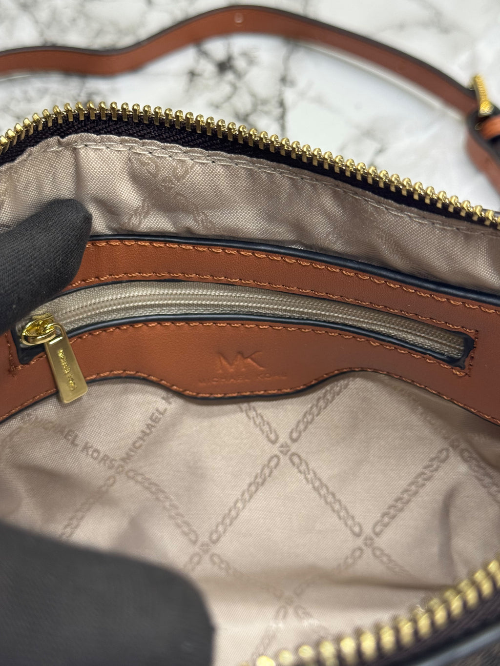 MK-Inspired Jet Set Charm Logo Dome Saffiano Leather Crossbody Bag (Beige)