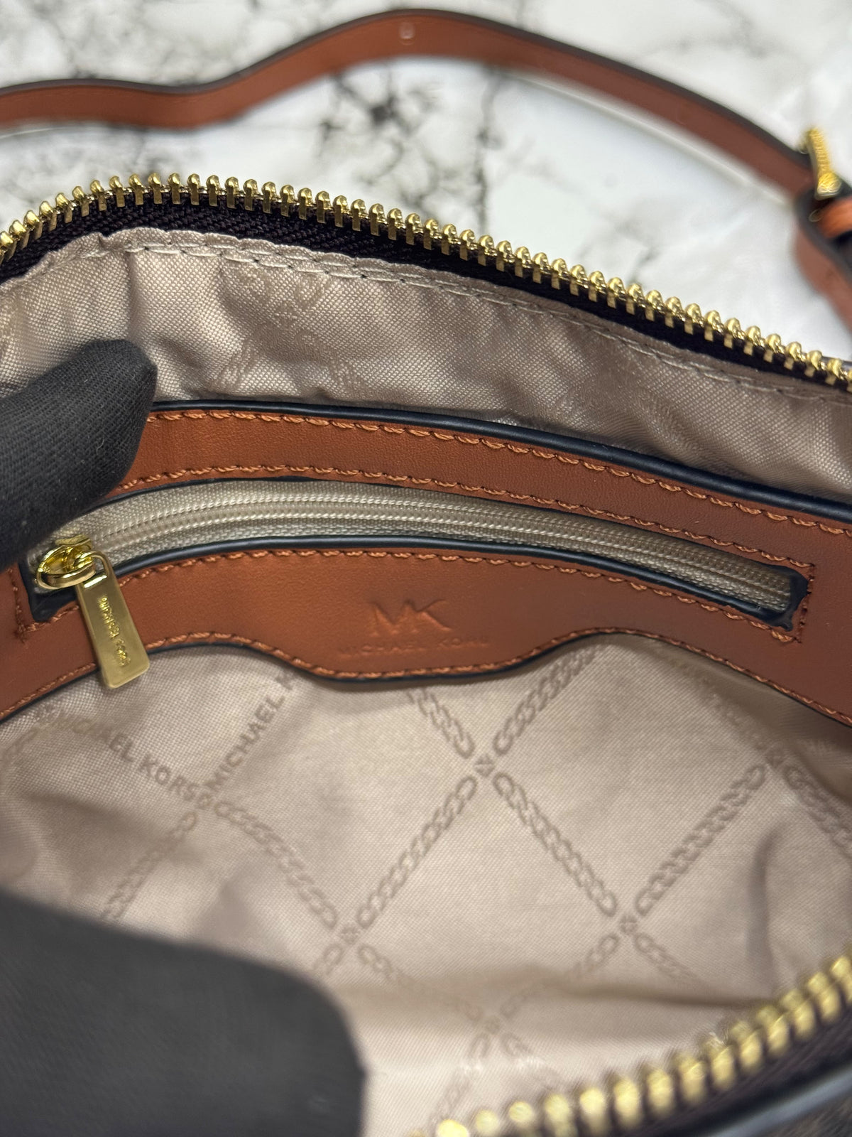 MK-Inspired Jet Set Charm Logo Dome Saffiano Leather Crossbody Bag (Beige)