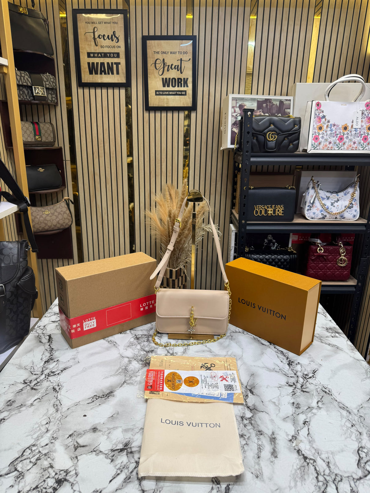 LV-inspired bloom shoulder bag with double box and dust bag includes carry bag (khaki)