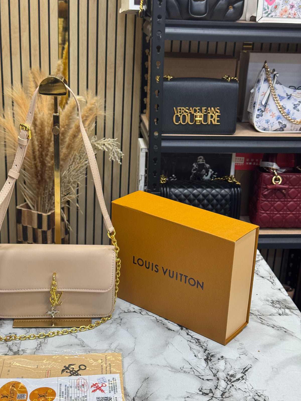 LV-inspired bloom shoulder bag with double box and dust bag includes carry bag (khaki)