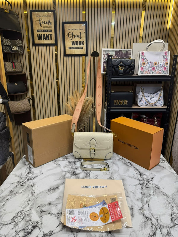 LV-Inspired Diane Satchel Shoulder Bag With Double Box And Dust Bag (White)