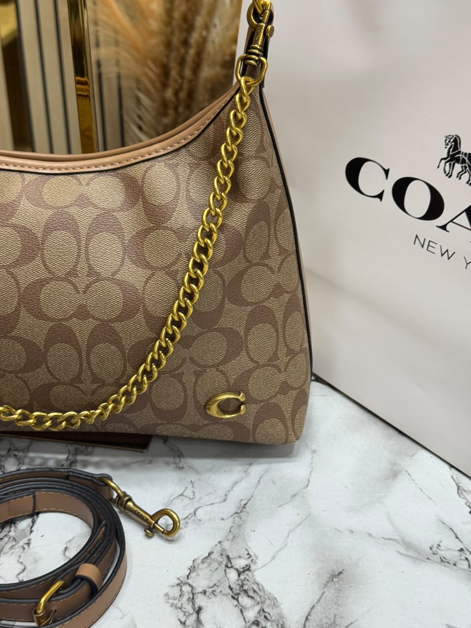 C-Inspired Signature Chain Hobo Shoulder Bag With Box And Dust Bag Including Carry Bag (Apricot)