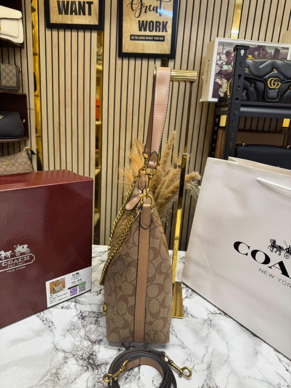 C-Inspired Signature Chain Hobo Shoulder Bag With Box And Dust Bag Including Carry Bag (Apricot)