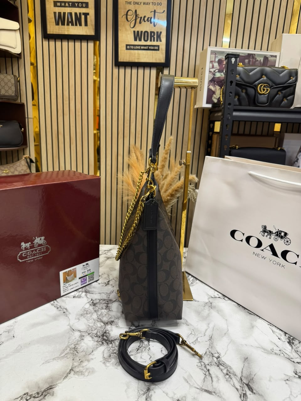 C-Inspired Signature Chain Hobo Shoulder Bag With Box And Dust Bag Including Carry Bag (Coffee-Black)