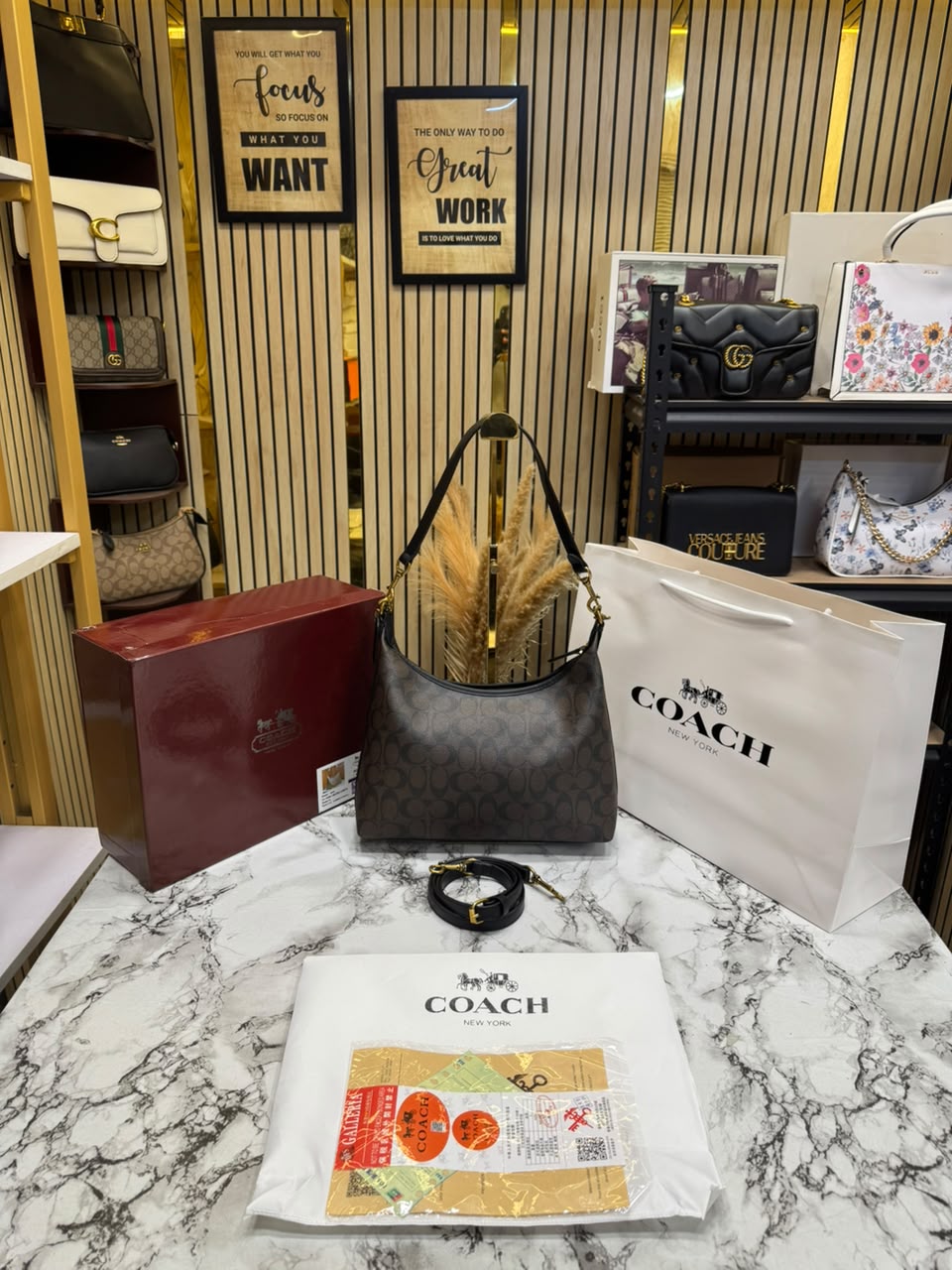 C-Inspired Signature Chain Hobo Shoulder Bag With Box And Dust Bag Including Carry Bag (Coffee-Black)