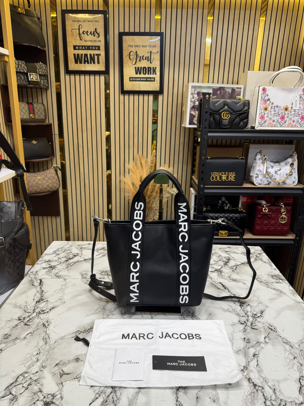 Marc Jacobs-Inspired Wisteria Small Leather Tote Bag With Dust Bag (Black)