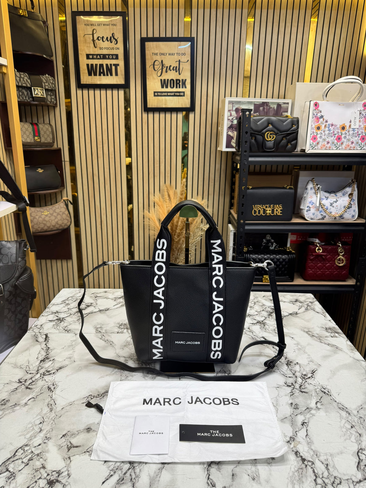Marc Jacobs-Inspired Wisteria Small Leather Tote Bag With Dust Bag (Black)