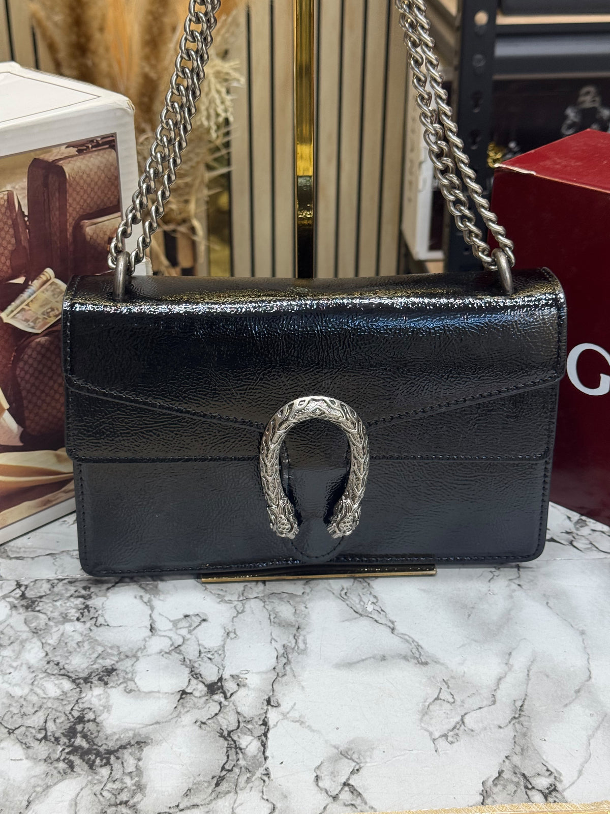 G-Inspired GG Dionysus Glossy Shoulder Bag With Double Box And Dust Bag (Black)