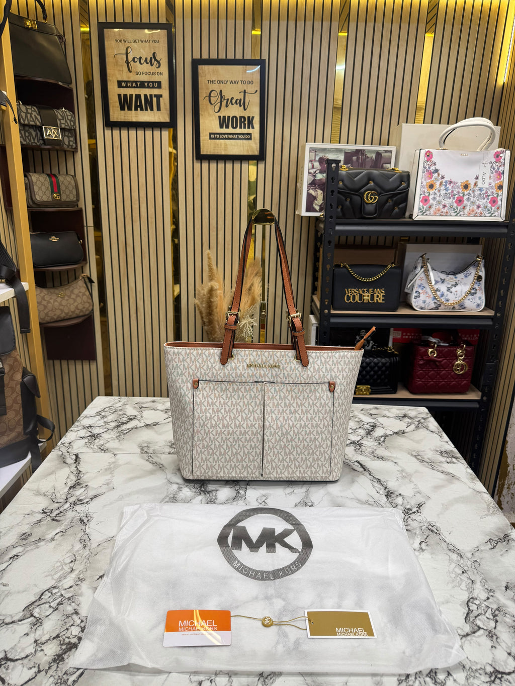 MK-Inspired Jet Set Travel Double Pocket Tote Bag With Dust Bag Including Card (Beige)