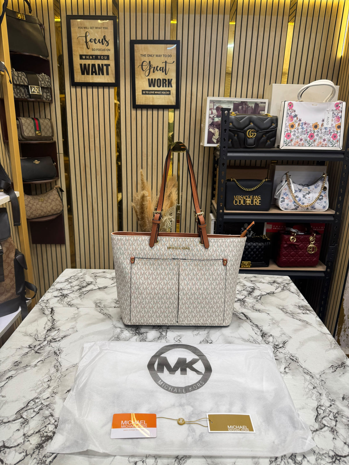 MK-Inspired Jet Set Travel Double Pocket Tote Bag With Dust Bag Including Card (Beige)
