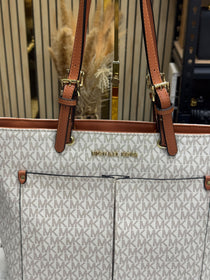 MK-Inspired Jet Set Travel Double Pocket Tote Bag With Dust Bag Including Card (Beige)