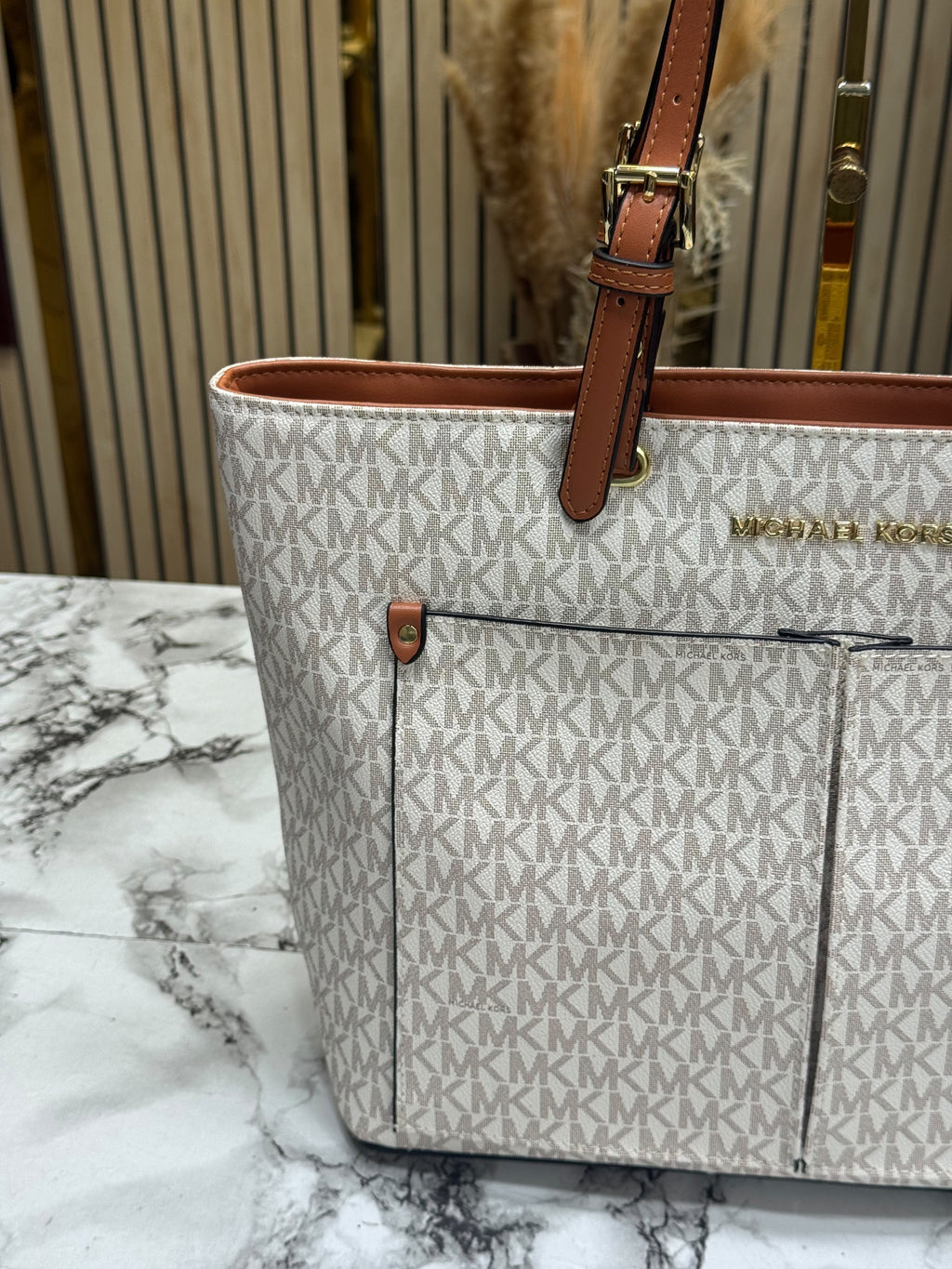 MK-Inspired Jet Set Travel Double Pocket Tote Bag With Dust Bag Including Card (Beige)