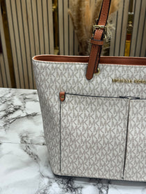 MK-Inspired Jet Set Travel Double Pocket Tote Bag With Dust Bag Including Card (Beige)